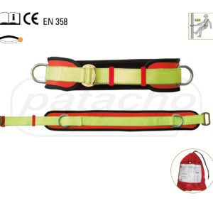Height positioning belt, made of breathable padded polyester. Metal safety closure buckle. Non-slip pins. Side attachment rings without welding (endless)