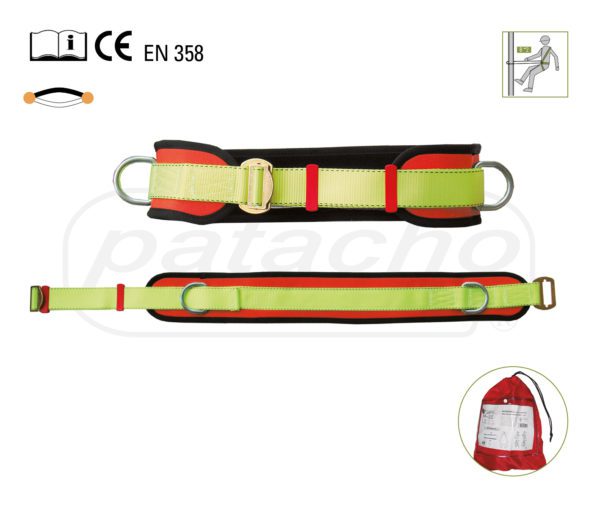 Height positioning belt, made of breathable padded polyester. Metal safety closure buckle. Non-slip pins. Side attachment rings without welding (endless)