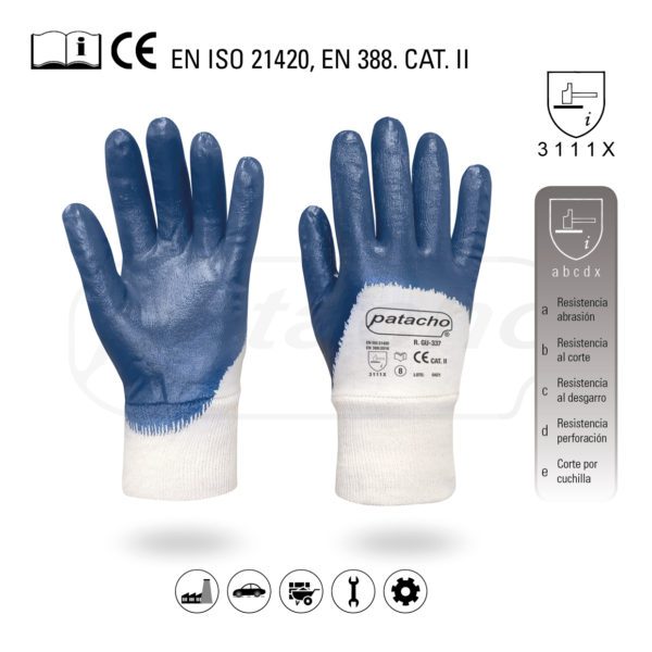 Thick nitrile gloves GU-337/9 - cotton liner in white, coated with thick blue nitrile, cool back, elastic cuff with integral tightening, (size 9)
